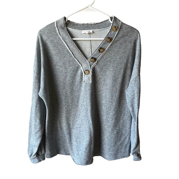 La Miel Tops - La Miel Women’s V-Neck Button Detail Size Small Shirt Gray Long Sleeve Casual